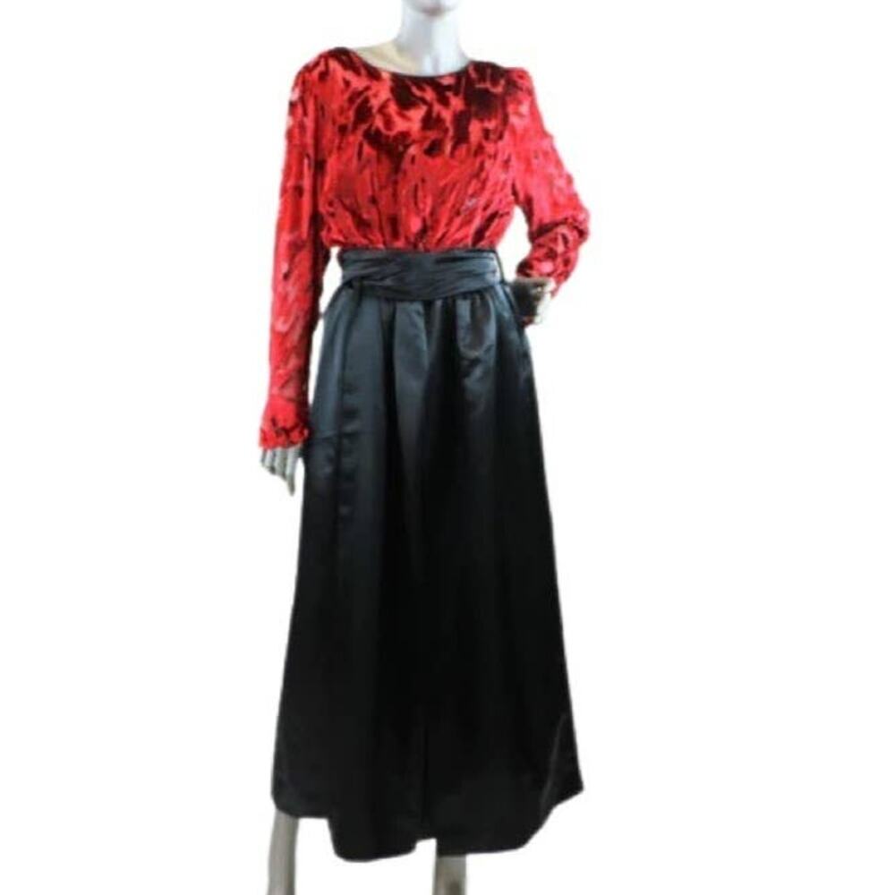 Vintage 1980s Helga Silk/Satin Black and Red Burnout Gown Large